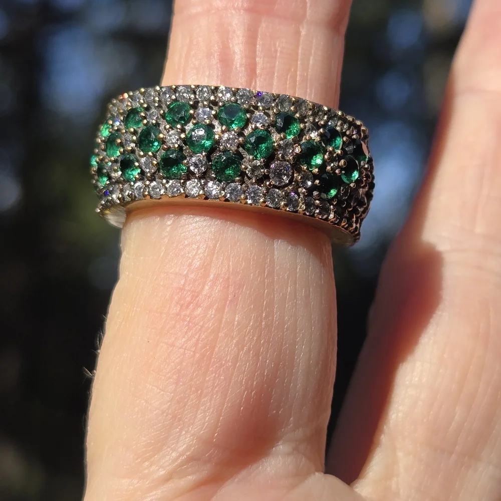 Emerald & White Topaz Eternity Stetling & Gold Ring Sz8 - Picture 4 of 7